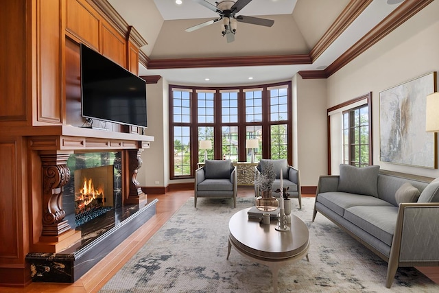 23 Enclave Ct, South Barrington, IL 60010 - living area with a high end fireplace, ornamental molding, wood finished floors, ceiling fan, and recessed lighting