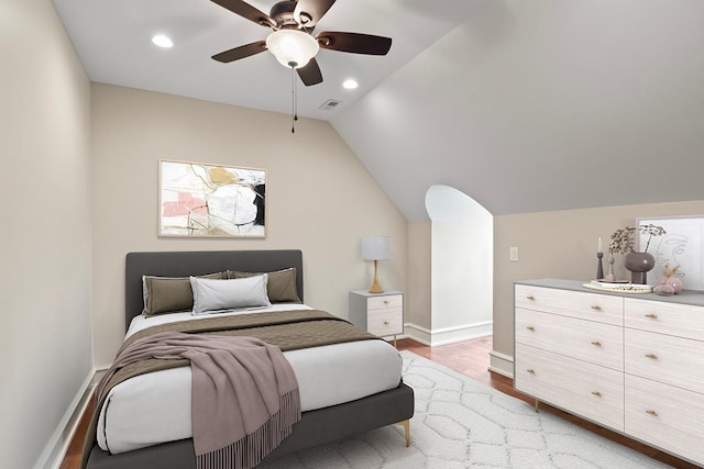 23 Enclave Ct, South Barrington, IL 60010 - bedroom with light wood finished floors, vaulted ceiling, recessed lighting, and a ceiling fan