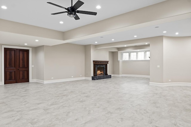 23 Enclave Ct, South Barrington, IL 60010 - unfurnished living room with recessed lighting, a high end fireplace, and ceiling fan