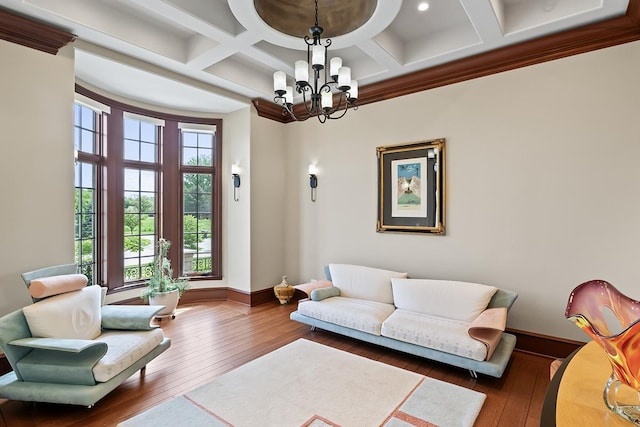 23 Enclave Ct, South Barrington, IL 60010 - living room featuring a chandelier, coffered ceiling, hardwood / wood-style floors, and beam ceiling