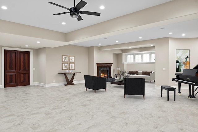 23 Enclave Ct, South Barrington, IL 60010 - living room featuring recessed lighting, a warm lit fireplace, and a ceiling fan