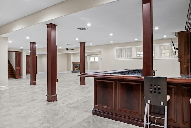 23 Enclave Ct, South Barrington, IL 60010 - kitchen featuring decorative columns, a warm lit fireplace, a ceiling fan, recessed lighting, and open floor plan