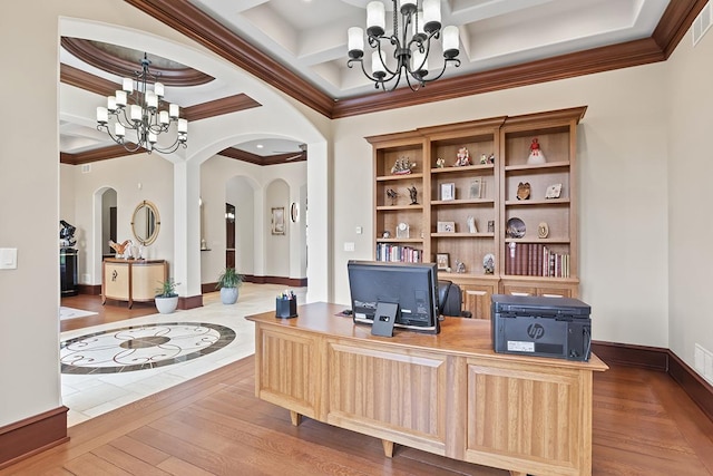 23 Enclave Ct, South Barrington, IL 60010 - office space with a chandelier, arched walkways, ornamental molding, coffered ceiling, and wood-type flooring