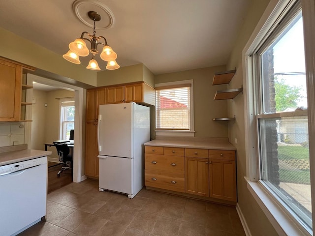 4225 Highland Ave, Downers Grove, IL 60515 - kitchen featuring white appliances, open shelves, light countertops, a chandelier, and a desk