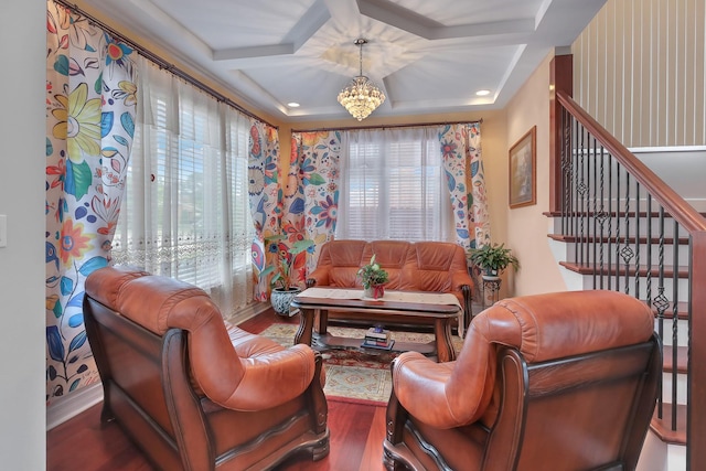 8453 W Bruce Dr, Niles, IL 60714 - living area featuring wood finished floors, a chandelier, wallpapered walls, coffered ceiling, and stairs