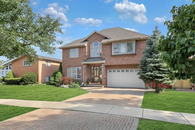 8453 W Bruce Dr, Niles, IL 60714 - traditional home featuring decorative driveway, an attached garage, a front yard, brick siding, and roof with shingles