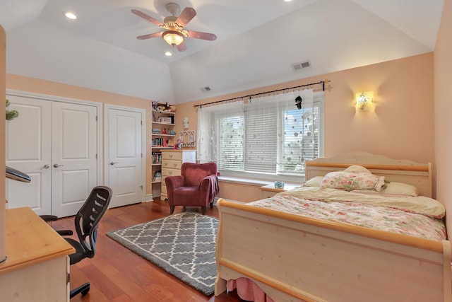 8453 W Bruce Dr, Niles, IL 60714 - bedroom with vaulted ceiling, wood finished floors, a desk, recessed lighting, and a ceiling fan