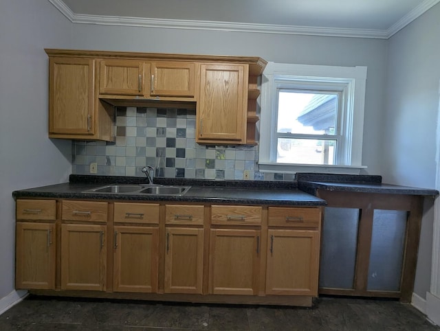 8817 S Elizabeth St, Chicago, IL 60620 - kitchen featuring dark countertops, tasteful backsplash, ornamental molding, open shelves, and brown cabinetry