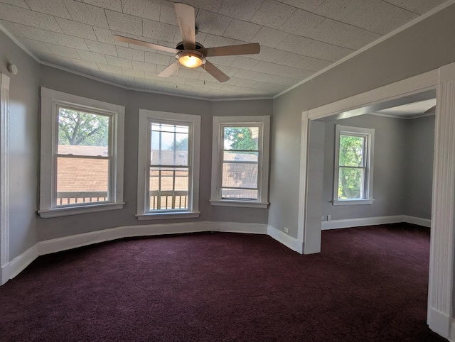 8817 S Elizabeth St, Chicago, IL 60620 - empty room featuring ornamental molding, dark colored carpet, plenty of natural light, and a ceiling fan