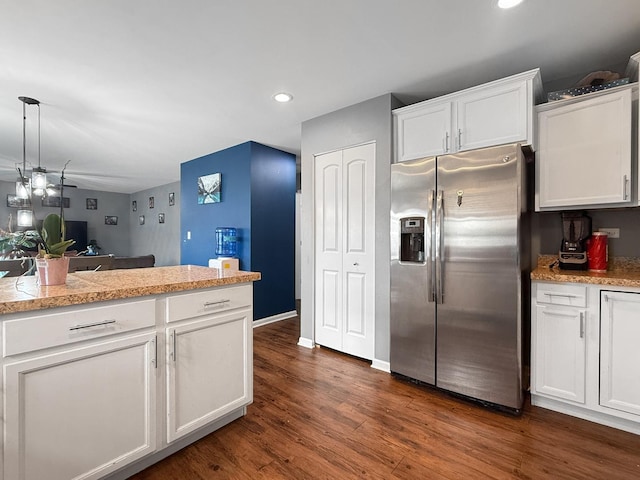 251 Maryland Ln, Pingree Grove, IL 60140 - kitchen featuring stainless steel fridge, white cabinetry, dark wood finished floors, and recessed lighting