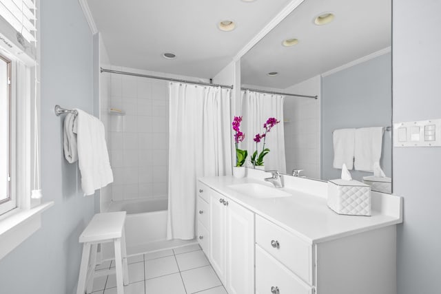 1718 Lake Ave, Wilmette, IL 60091 - bathroom with vanity, tile patterned flooring, shower / tub combo, ornamental molding, and recessed lighting