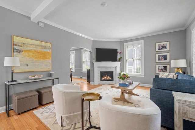 1718 Lake Ave, Wilmette, IL 60091 - living room with arched walkways, wood finished floors, ornamental molding, and a lit fireplace