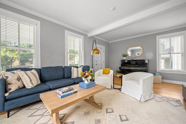 1718 Lake Ave, Wilmette, IL 60091 - living room featuring wood finished floors, ornamental molding, and beamed ceiling