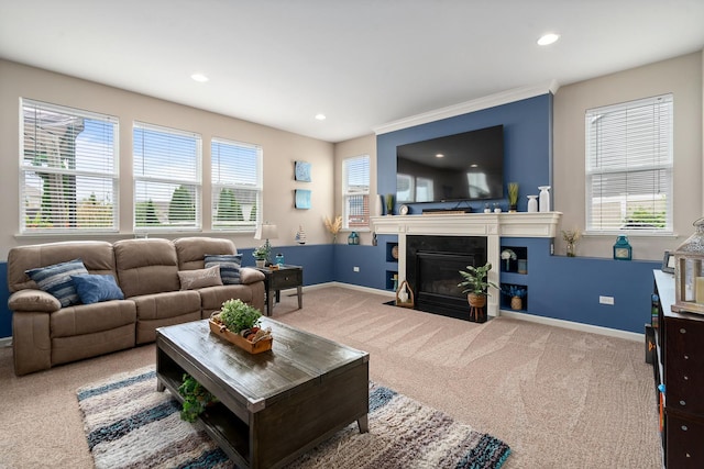 8102 Expedition St, Joliet, IL 60431 - carpeted living room with a fireplace with flush hearth and recessed lighting