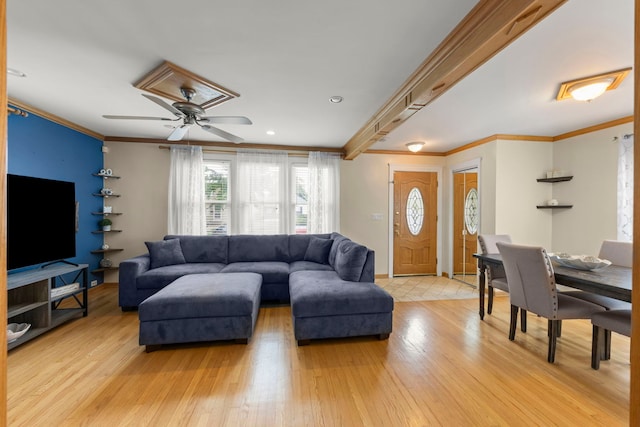3812 N Pioneer Ave, Chicago, IL 60634 - living room featuring light wood-type flooring, a ceiling fan, and crown molding