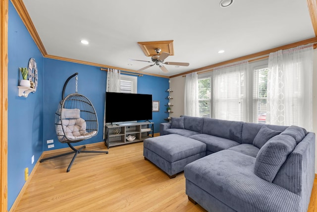 3812 N Pioneer Ave, Chicago, IL 60634 - living room with crown molding, light wood-type flooring, ceiling fan, and recessed lighting