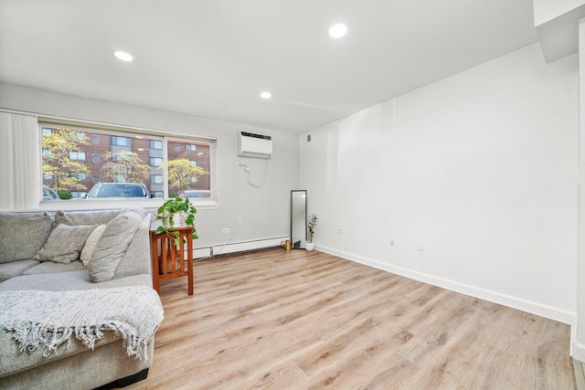 2021 S Wolf Rd Unit 2-118, Hillside, IL 60162 - living area with a baseboard radiator, light wood finished floors, a wall mounted air conditioner, and recessed lighting