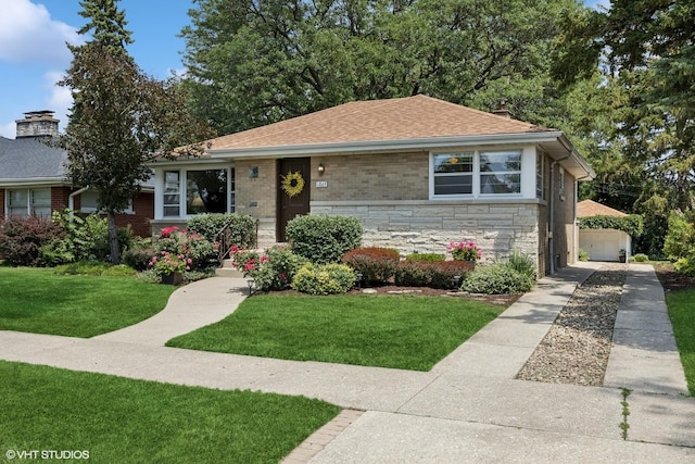 1865 Sunnyside Ave, Westchester, IL 60154 - view of front of home with a front lawn, stone siding, roof with shingles, and a chimney