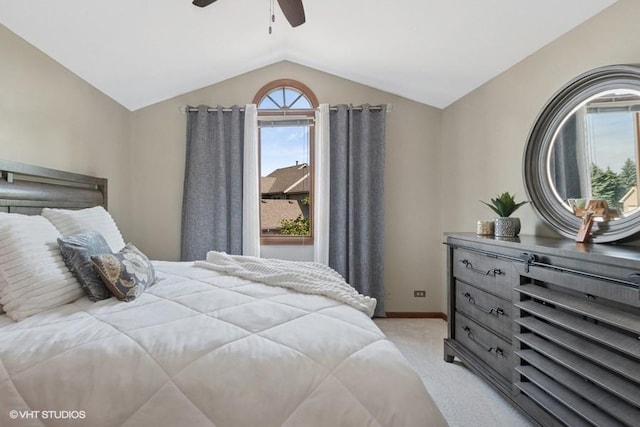 6919 Lexington Ct, Tinley Park, IL 60477 - bedroom featuring light carpet, vaulted ceiling, and a ceiling fan