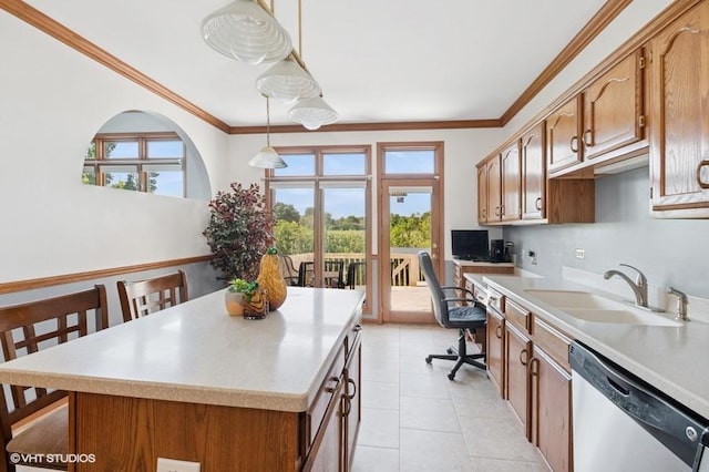 6919 Lexington Ct, Tinley Park, IL 60477 - kitchen with stainless steel dishwasher, light countertops, crown molding, pendant lighting, and light tile patterned flooring