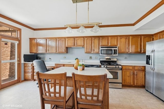 6919 Lexington Ct, Tinley Park, IL 60477 - kitchen featuring stainless steel appliances, light countertops, brown cabinetry, light tile patterned flooring, and ornamental molding