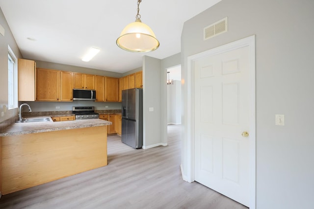 64 Village Station Ln, Grayslake, IL 60030 - kitchen with appliances with stainless steel finishes, light wood finished floors, pendant lighting, a peninsula, and light countertops