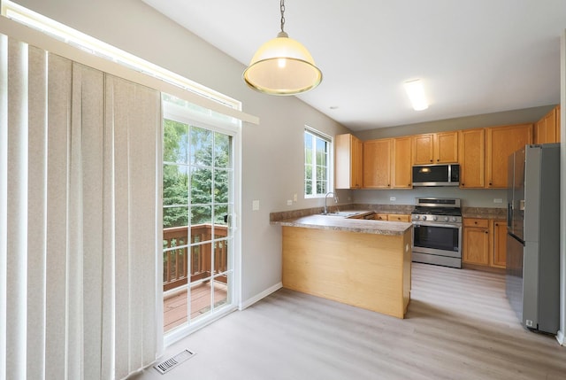 64 Village Station Ln, Grayslake, IL 60030 - kitchen featuring appliances with stainless steel finishes, light wood-style floors, a peninsula, and decorative light fixtures
