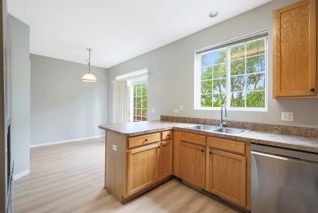 64 Village Station Ln, Grayslake, IL 60030 - kitchen with dishwasher, light wood-type flooring, a peninsula, and pendant lighting