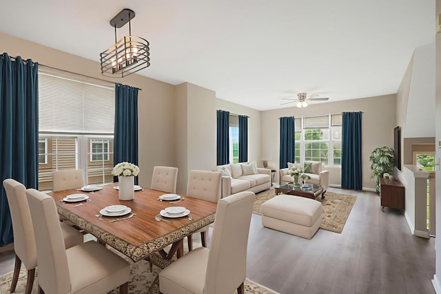 64 Village Station Ln, Grayslake, IL 60030 - dining area featuring wood finished floors, ceiling fan, and a chandelier