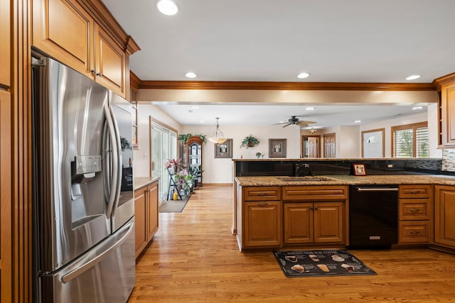 6759 W 91st St, Oak Lawn, IL 60453 - kitchen featuring stainless steel refrigerator with ice dispenser, black dishwasher, light wood-style flooring, brown cabinets, and crown molding