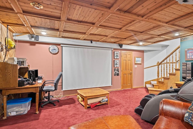 6897 Galena Rd, Bristol, IL 60512 - carpeted living room featuring wood ceiling, stairs, and a desk
