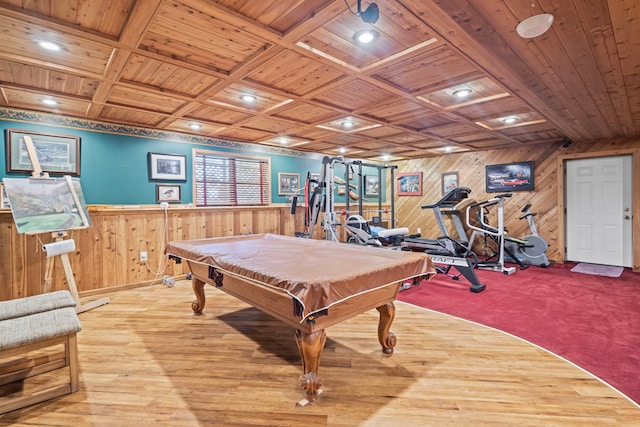 6897 Galena Rd, Bristol, IL 60512 - rec room featuring wood ceiling, wooden walls, wood finished floors, billiards table, and wainscoting