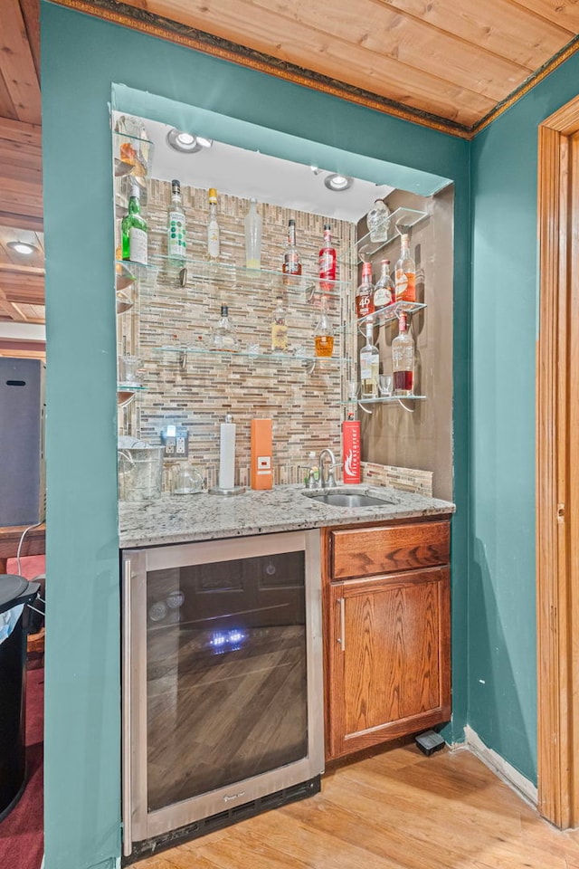 6897 Galena Rd, Bristol, IL 60512 - indoor wet bar featuring beverage cooler, light wood-style flooring, and wooden ceiling