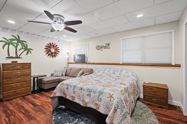 6897 Galena Rd, Bristol, IL 60512 - bedroom featuring dark wood-type flooring, a paneled ceiling, ceiling fan, and recessed lighting