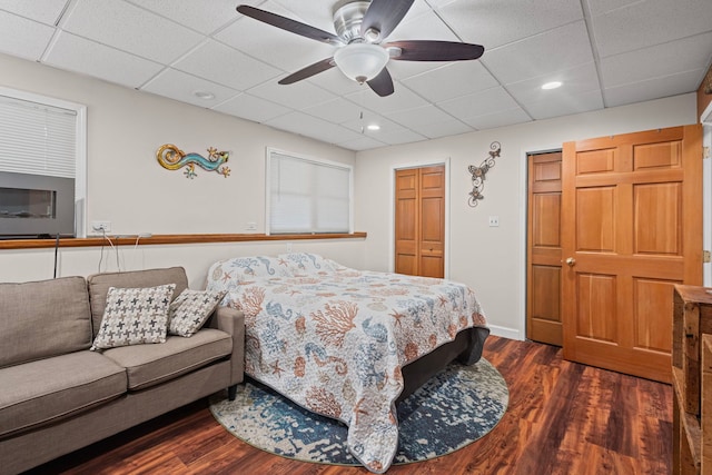 6897 Galena Rd, Bristol, IL 60512 - bedroom featuring a paneled ceiling, dark wood-style floors, ceiling fan, recessed lighting, and a closet