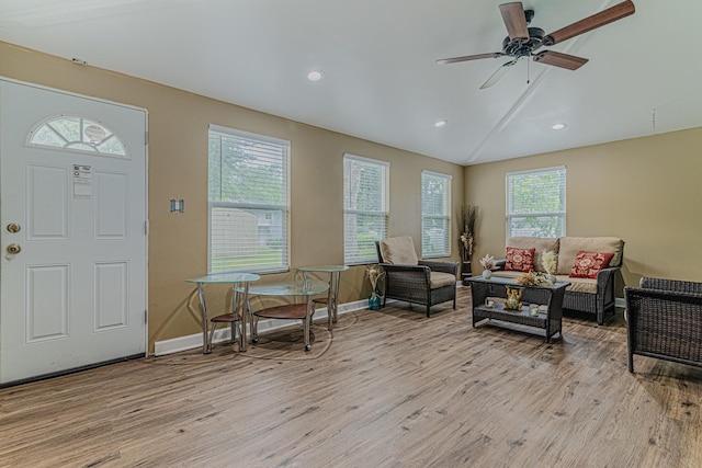 374 Heine Ave, Elgin, IL 60123 - living area featuring light wood-style floors, vaulted ceiling, a ceiling fan, and recessed lighting