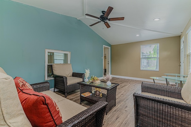 374 Heine Ave, Elgin, IL 60123 - living area with vaulted ceiling, a ceiling fan, wood finished floors, and recessed lighting