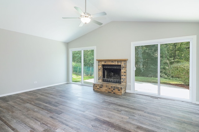 1302 Haverhill Cir, Naperville, IL 60563 - unfurnished living room with a ceiling fan, a fireplace, wood finished floors, and high vaulted ceiling