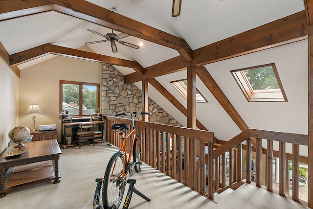 1606 Gregden Shores Dr, Sterling, IL 61081 - carpeted office with ceiling fan, beamed ceiling, a skylight, and high vaulted ceiling