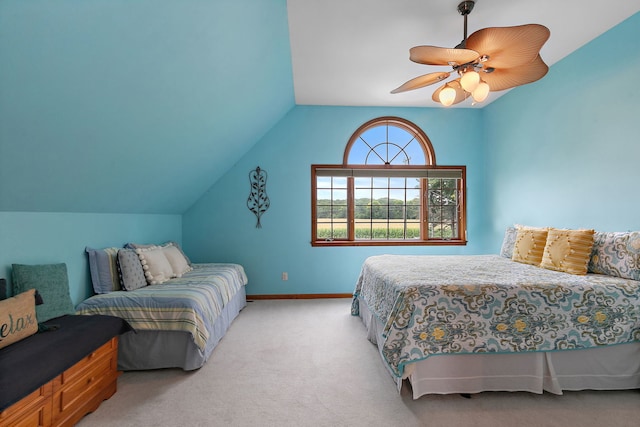 1606 Gregden Shores Dr, Sterling, IL 61081 - bedroom with light carpet, vaulted ceiling, and a ceiling fan