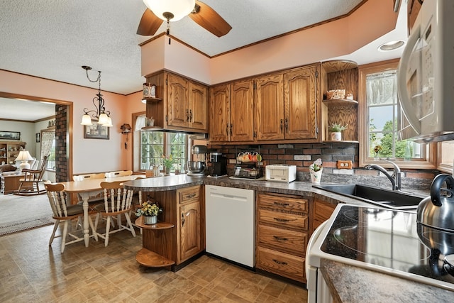 28457 S Yates Ave, Beecher, IL 60401 - kitchen featuring open shelves, white appliances, brown cabinets, a peninsula, and ornamental molding