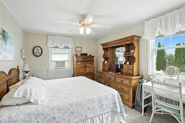 28457 S Yates Ave, Beecher, IL 60401 - bedroom with wallpapered walls, carpet floors, a ceiling fan, and cooling unit