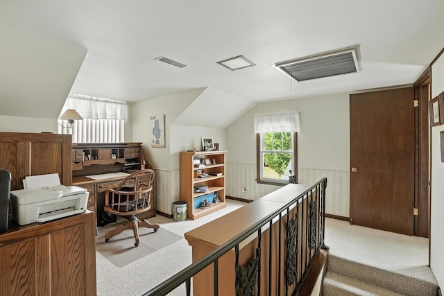 28457 S Yates Ave, Beecher, IL 60401 - office featuring carpet, lofted ceiling, and a wainscoted wall