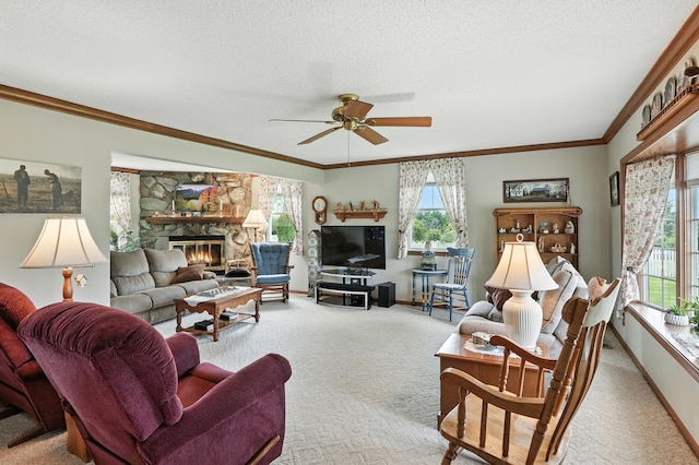 28457 S Yates Ave, Beecher, IL 60401 - carpeted living area with crown molding, healthy amount of natural light, a ceiling fan, a fireplace, and a textured ceiling