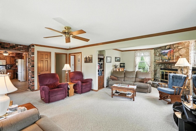 28457 S Yates Ave, Beecher, IL 60401 - carpeted living area with ceiling fan, ornamental molding, and a fireplace