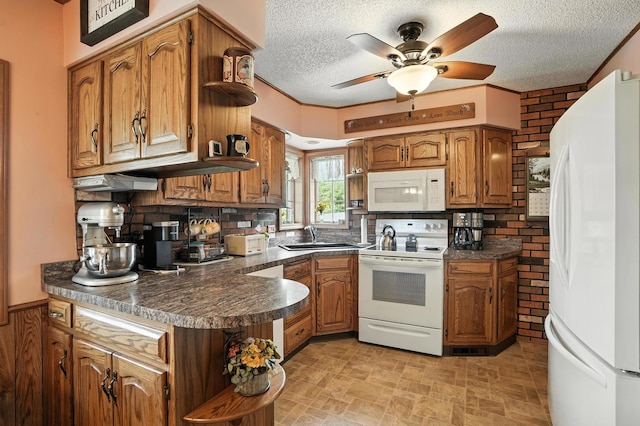 28457 S Yates Ave, Beecher, IL 60401 - kitchen with white appliances, open shelves, brown cabinetry, and a textured ceiling
