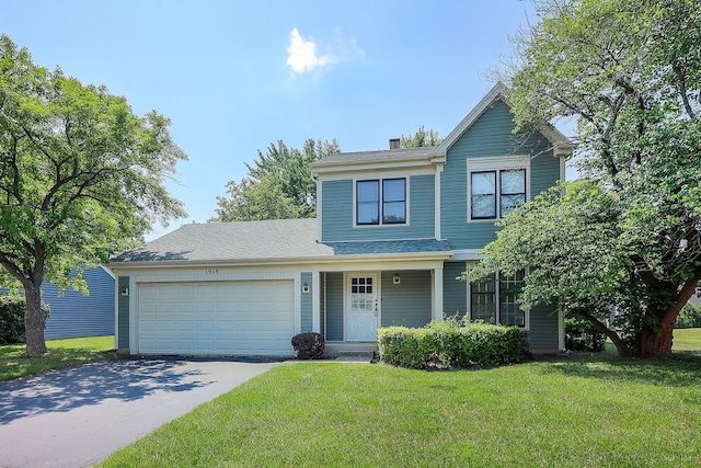 1918 N Yale Ave, Arlington Heights, IL 60004 - traditional-style house with concrete driveway, a front lawn, an attached garage, and a chimney