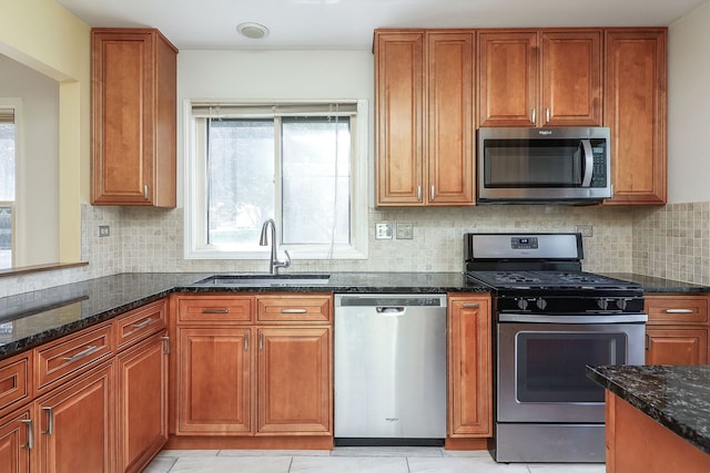 1918 N Yale Ave, Arlington Heights, IL 60004 - kitchen with appliances with stainless steel finishes, dark stone countertops, decorative backsplash, brown cabinets, and light tile patterned floors
