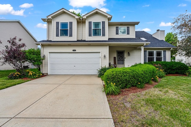 5505 Salma St, Plainfield, IL 60586 - traditional-style home with an attached garage, driveway, a chimney, and a front lawn