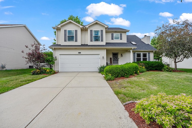5505 Salma St, Plainfield, IL 60586 - traditional-style house featuring a front yard, a garage, concrete driveway, and a chimney